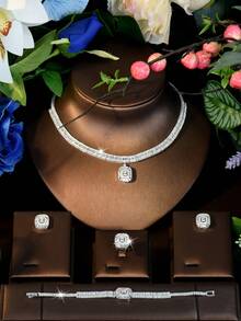 1 Set de Joyería Decorativa con Circonita Cúbica Cuadrada, Adecuado como Regalo de Aniversario para Mujeres - Plateado - Ver 2