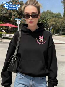 Disney Women's Hooded Sweatshirt Features A Double-Sided Minnie Mouse Alphabet Cartoon Print Design Autumn/Winter Hooded Sweatshirt Soft, Comfortable, And Warm Fabric Essential Autumn/Winter Wardrobe Piece Perfect For Everyday Casual Wear, Travel, Or Shopping Also Makes An Ideal Gift - Black - View 2