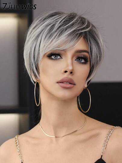 7JHH WIGS 8英寸铂金色精灵短发假发 - 优雅超短层次假发，带刘海，混合黑色挑染，耐热合成纤维假发，适合日常佩戴、音乐节庆典等场合。动漫或角色扮演假发配件