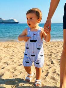 Mono para bebé niño con bonito bordado de golf/velero/béisbol, sin mangas, cuello cuadrado, a rayas y pantalón corto. - Azul - Ver 5
