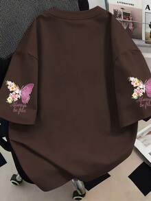 字母與花卉印花大尺碼女款夏季休閒上衣，適合夏季度假、海灘穿搭、假期、春季、母親節、日常穿著、婚禮、海灘、健身、畢業、派對，時尚春季上衣 - 咖啡棕 - 查看 2