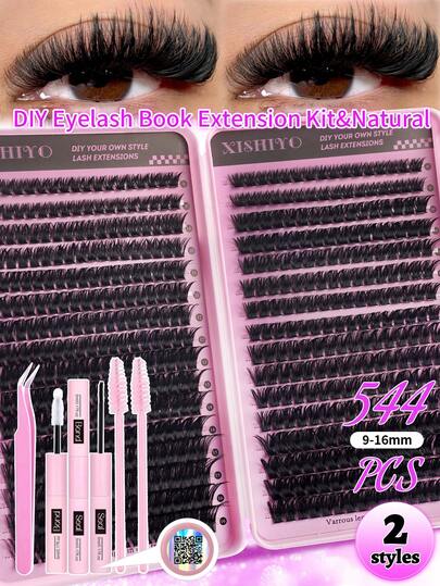 544 piezas Set de pestañas postizas D-Curl esponjosas, incluye tutorial de pestañas para principiantes, pestañas postizas segmentadas gruesas y con capas, con pegamento, sellador, pinzas, cepillo para pestañas, lupa, portátil y reutilizable, kit de pestañas individuales de gran capacidad, pestañas mixtas suaves y naturales para maquillaje de ojos 3D voluminosos, adecuado para DIY en casa, viajes, uso diario, fiestas, bodas, novia