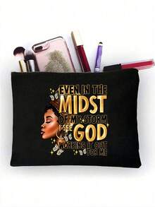 两件套轻便手提包和配套化妆包，“即使在风暴中”人像印花，易清洁面料，带多个口袋，适合购物、旅行、海滩、教师节礼物等场合，女士大容量亚麻手提包。这款便携休闲收纳手提包设计新颖，容量大，是理想的购物袋。 - 彩色 - 查看 15