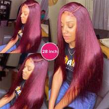 Straight Lace Front Wigs Human Frontal Hair 30 Inch 13x4 Lace Front Wig Virgin Hair 200% Density Hd Transparent Bone Straight Blended Hair Wig Burgundy 99j Pre Plucked Bleached Tiny Knots Real Lace Frontal Wigs For Women - SBUG - View 9
