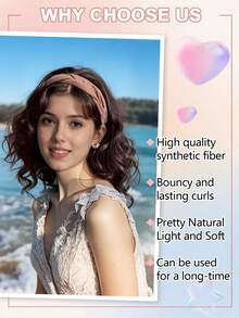 12 Inch Brown Curly Wig With Headband, Wavy Design Synthetic Fiber Half Wig, Suitable For Women's Daily Wear - Multicolor - View 6