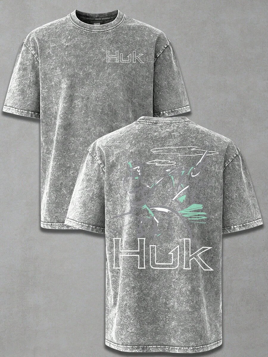 HUK Fishing Abstract Angler Wash Cotton Vintage Distressed Oversized Graphic Tee Men's Short Sleeve Pure Cotton T-Shirt Loose Fit, Retro Modern Outdoor Streetwear Vintage Casual Fishing Aesthetic Baggy 100% Cotton Pullover Gift - Grey - View 1