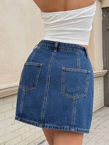Women's High Waist Non-Stretch A-Line Denim Mini Skirt, Casual Versatile Daily Wear - Blue - View 3