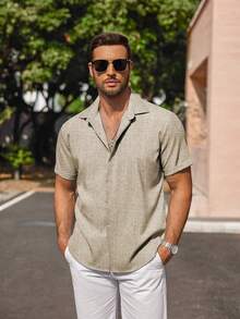 Mens Short Sleeve Linen Shirts Button Down Casual Summer Beach Tops For Daily Commute - Khaki - View 4