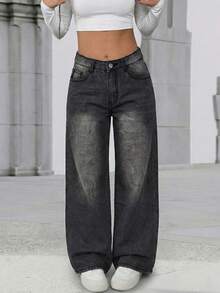 Versatile Y2K Styling Wash Wide Leg Jeans Women Stylish Denim Pants Everyday Must Have - Dark Grey - View 3