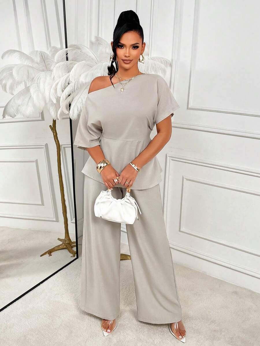 Amarilo Women's Grey Elegant 2-Piece Set For Summer, Asymmetric Neckline Batwing Sleeve & Wide Leg Pants, Suitable For Vacation, Wedding, Outing - Apricot - View 1