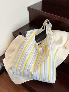 Bolso de lona fresco y elegante, bolso de hombro con textura a rayas, bolso de gran capacidad para estudiantes y viajes - Amarillo - Ver 6