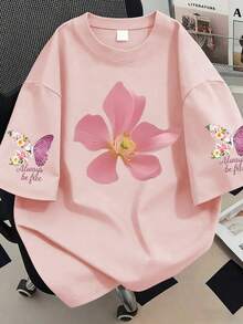 Letter & Flower Print T-Shirt, Plus Size Women's Casual Summer Top, Suitable For Vacation, Beach, Spring, Mother's Day, Daily Wear, Wedding, Beach, Fitness, Graduation, Party, Fashionable Spring Top - Pink - View 1