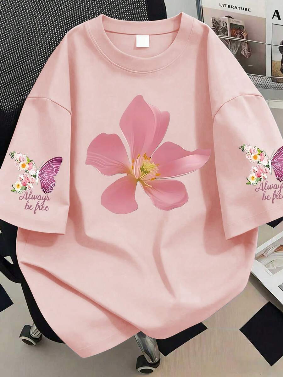 Letter & Flower Print T-Shirt, Plus Size Women's Casual Summer Top, Suitable For Vacation, Beach, Spring, Mother's Day, Daily Wear, Wedding, Beach, Fitness, Graduation, Party, Fashionable Spring Top - Pink - View 1