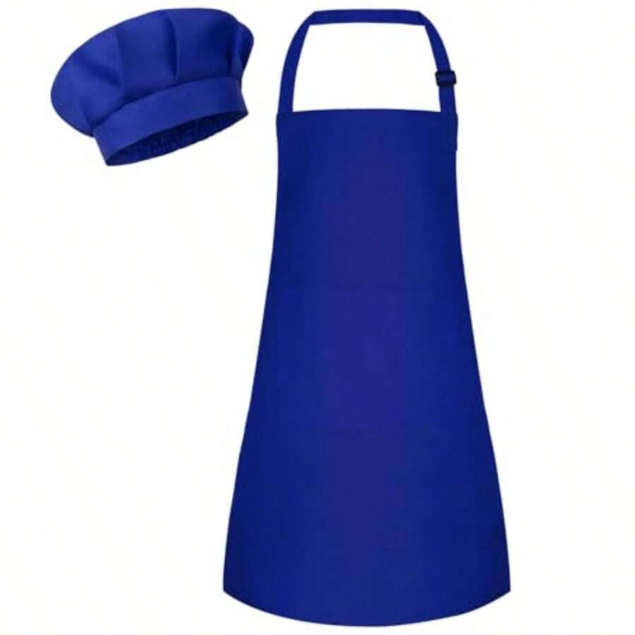 Apron And Chef Hat Set Adjustable Apron With 2 Pockets For Cooking Baking Painting In Blue - -皇家藍- - 查看 1
