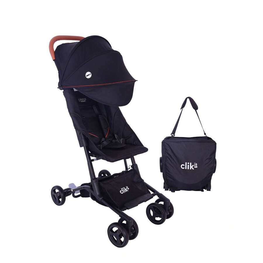Carrriola Clik-it para bebé ultracompacta y ligera, plegable tipo equipaje de mano, reclinable, con arnés de 5 puntos, toldo con visera UV y asa de transporte, ideal para viajes y paseos urbanos - Negro - Ver 1