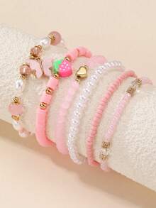 Set de 6 pulseras de moda con cuentas de perlas falsas, moños, corazones, fresas y mariposas, regalo para niñas - Multicolor - Ver 15