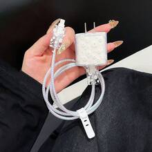 6pcs Daisy Flower Pattern Phone Case Set, Including Charger Head Protector, Cable Guard, And TPU Shockproof Protective Case - Clear - View 3