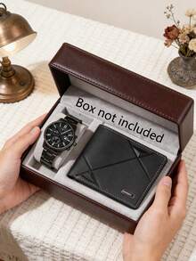 2pcs Business Silver Quartz Watch Set, Including Roman Numeral Calendar Men's Watch And Rhombus Pattern Men's Wallet. Silver-Black Metal Strap Paired With Minimalist Black Dial Design, Exuding A Steady And Reliable Business Style. - Silver - View 14