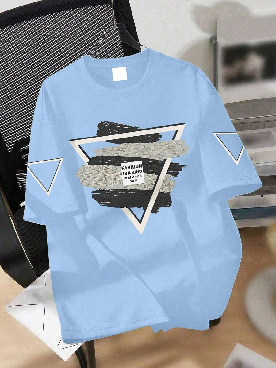 1 chiếc áo thun ngắn tay họa tiết tam giác cho bé trai, chất liệu nghệ thuật đường phố, thích hợp mặc hàng ngày đến trường. - Màu xanh nhạt - Xem 1