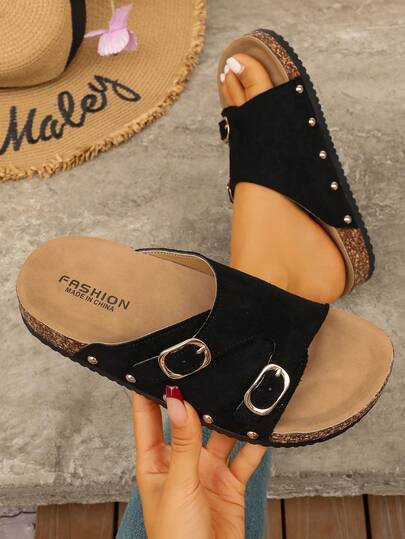 Women's Double Buckle Cork Bottom Open Toe Sandals, Casual Summer Flat Shoes With Rivet Decor, Slip-On Beach Sandals