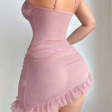 性感内衣，蕾丝钢圈透视诱惑吊袜带吊带裙，可调节 - 粉色 - 查看 4