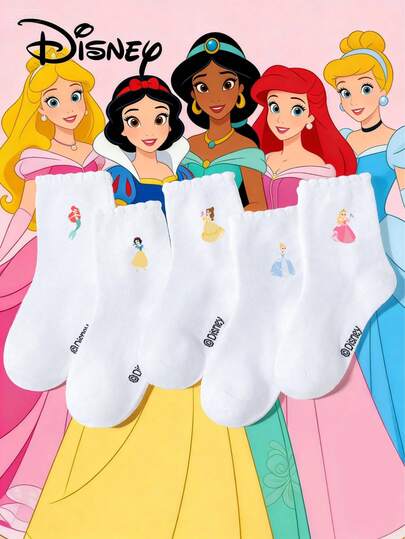  5 đôi tất ren trắng Disney dành cho bé gái/trẻ em, họa tiết công chúa hoạt hình đáng yêu, tất thể thao thoáng khí, tất cổ ngắn mềm mại, đa năng, phù hợp cho lớp học/học kỳ mới/trở lại trường/học sinh/giải trí/tiệc sinh nhật.