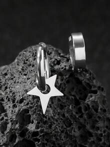 2只男士不对称星形素面耳环，小众嘻哈不对称叠戴耳环，简约耳环，适合日常佩戴和搭配。 - 白色 - 查看 5