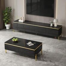 Modern Luxury TV Cabinet And Coffee Table Set, High-Gloss Solid Color Surface, Gold Edges, Generous Storage Space - 黑色+刨花板 - 查看 6