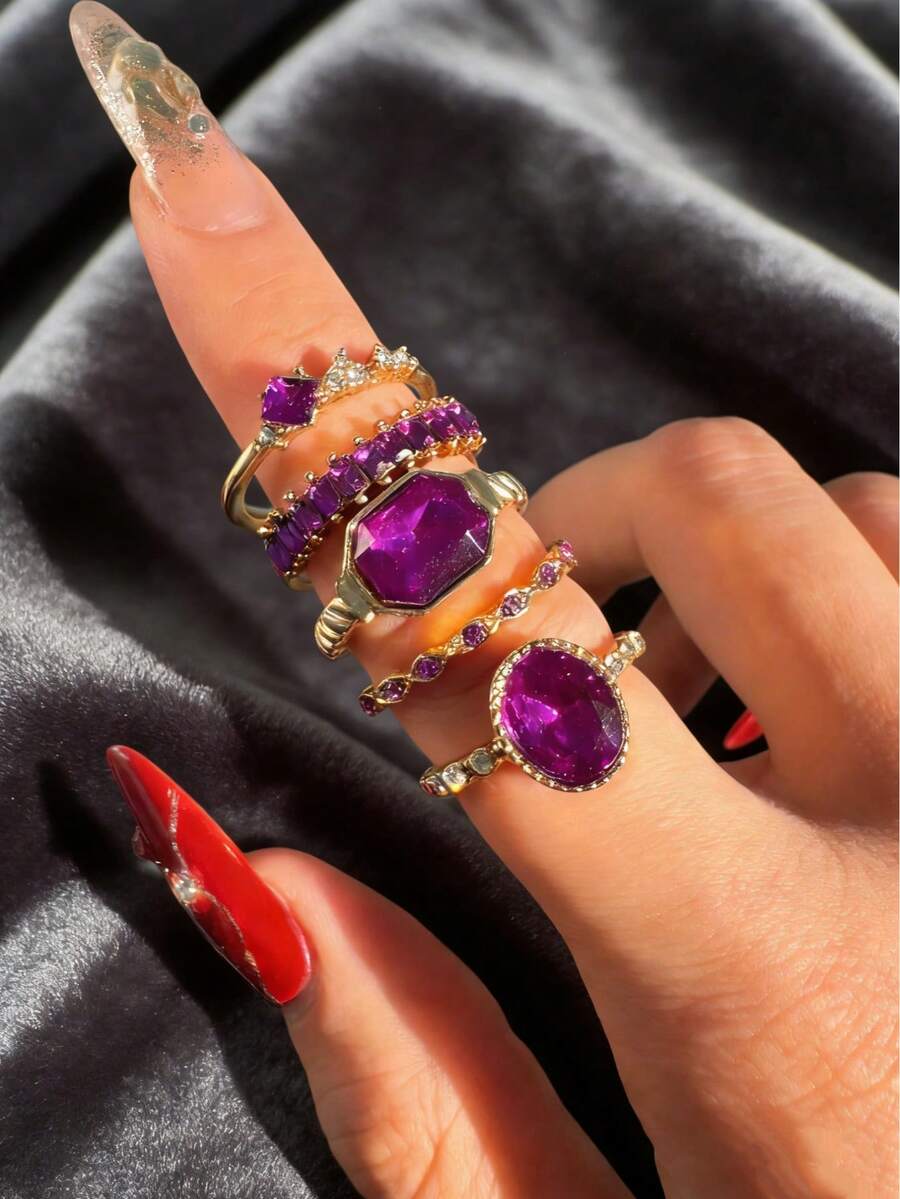 4件套时尚精致奢华百搭休闲优雅紫色水钻金戒指，适合作为送给女朋友、结婚订婚的礼物 - 彩色 - 查看 1