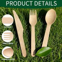 Bộ dao nĩa phân hủy sinh học 300 món - 100 dĩa, 100 thìa, 100 dao, bộ dụng cụ bằng gỗ bạch dương không dăm, thích hợp cho tiệc tùng, đám cưới, tiệc nướng. - Màu be - Xem 6