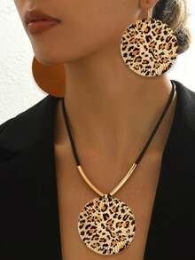 3件套大胆豹纹首饰套装 - 女士水滴项链和耳环，配黑色绳子，复古/波西米亚风铁艺配饰，适合日常佩戴和派对，时尚串珠 - 套裝 - 查看 1