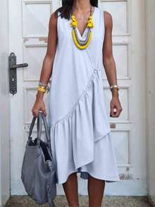 Women's V-Neck Ruffle Hem Mid-Length Dress - Asymmetric Sleeveless Casual Vacation Dress, Beach & Street Style Summer Elegant - Light Grey - View 2