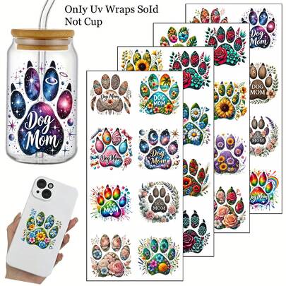 32 miếng dán chuyển nhiệt hình dấu chân chó mẹ, họa tiết lá và hoa mộc mạc, decal giấy dán, kích thước 24cm x 11cm, thích hợp cho việc tự làm sổ lưu niệm, album ảnh và trang trí nội thất, phù hợp để tự làm đồ trang trí.