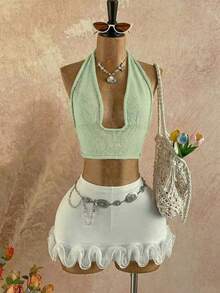 女士夏季新款欧美风纯色网纱露肩性感露背休闲度假吊带背心，多种穿法，前后均可穿着 - 綠色 - 查看 8