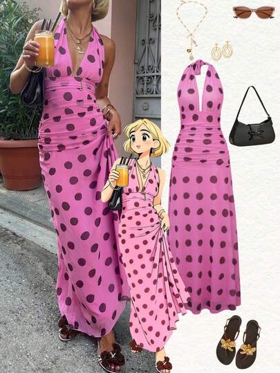 2026 Spring/Summer New Fashion Casual Versatile Daily Vacation Colorblock Polka Dot V-Neck Halter Bodycon Maxi Dress, Polka Dot Dress, Spring Break Outfit, Women's Valentine's Day Outfit, Party Dress, Beach Dress, Streetwear, Y2K Style, Pink Dress, Birthday Dress, Carnival Costume, Women's Formal Dress/Gown, Women's Luxury Evening Gown, Women's Casual Dress, Vacation Dress, Women's Graduation Dress, Women's Wedding Guest Dress, St. Patrick's Day Dress, Women's Easter Dress, Holiday Dress, Spring Apparel Elegant