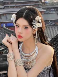 1 Stück Haarspange für Frauen aus glänzendem Stoff im chinesischen Stil, elegantes, retro Dutt-Stäbchen Accessoire, geeignet für alle Jahreszeiten, Perlenblumen-Quasten Haarschmuck für Hanfu Kopfbedeckung, Hochzeit Haarzubehör - Verschiedenfarbig - Übersicht 2