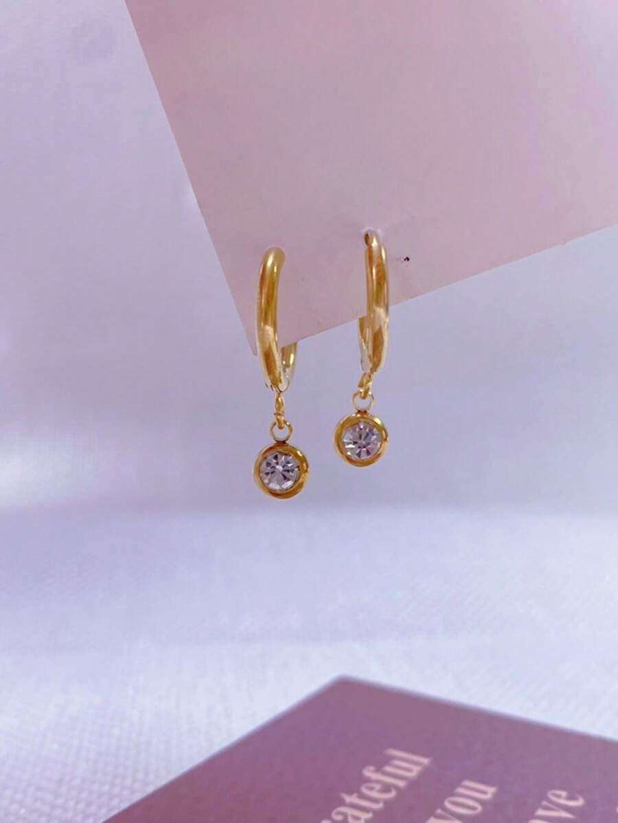 1 Pair Stainless Steel Waterproof Non-Fading Minimalist Fashion Gold/Silver/White Crystal Hoop Earrings, Suitable For Women's Daily Wear - Solitaire Earrings - View 1
