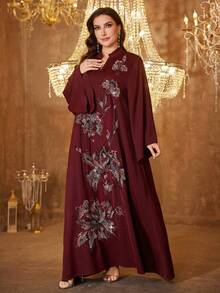 SUPGIR 大码女式圆领长袖亮片拼接缎面优雅晚礼服 春季 - 酒紅色 - 查看 4