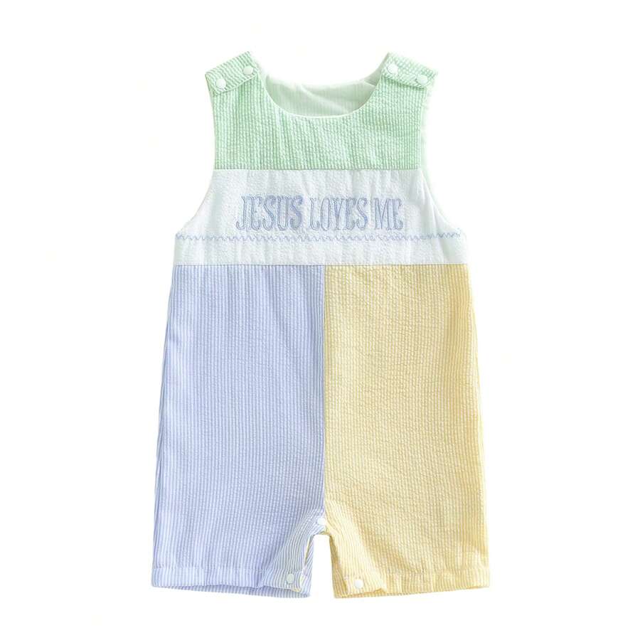 Baby Boy Girl Jesus Loves Me Overall Romper Newborn Christian Outfit Sleeveless Seersucker Bodysuit Baptism Clothes - 青檸色 - 查看 1