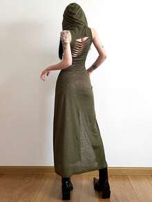 Top Dazzle 女士露背透视连帽无袖针织长款 A 字连衣裙，高开衩设计，适合派对穿着 - 軍綠色 - 查看 6