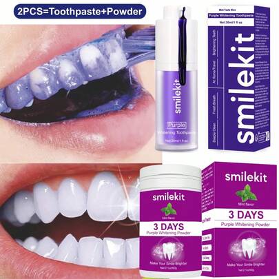 两件套：1 支紫色薄荷味牙膏 + 1 支紫色薄荷味牙粉，清新口气，深层清洁，紫色美白牙粉和牙膏，日常使用，便携，牙齿美白