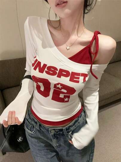 美式街头风斜领不对称肩部撞色二合一长袖T恤，甜美火辣女孩印花修身女式上衣，春夏款
