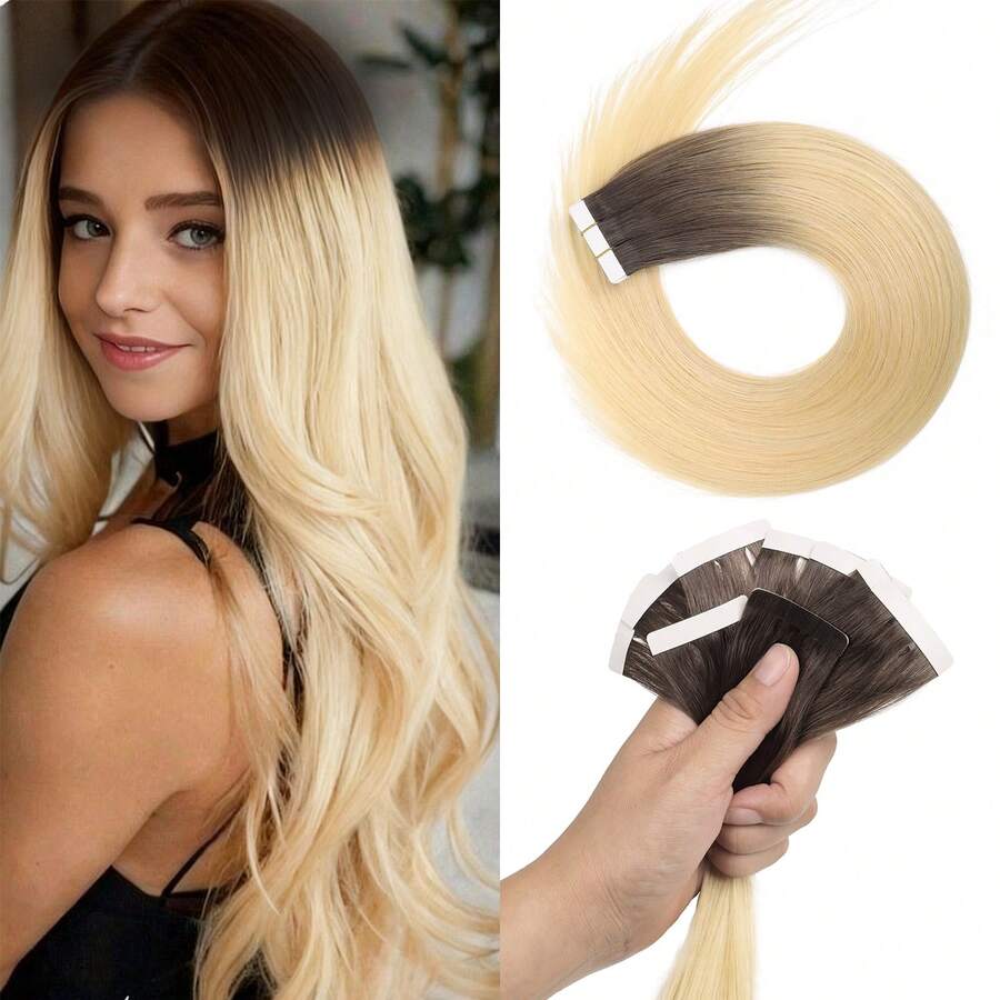 Tóc nối PU trong suốt dành cho nữ - Tóc thẳng, phù hợp với mọi loại tóc, hiệu ứng ombre xám nâu sang vàng bạch kim tự nhiên, liền mạch và tăng độ dày, độ bền cao.