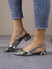 Snake Skin Square Toe Backless Low Heel Sandals, Low Vamp Versatile Commuting Shoes That Make Feet Look Smaller And Slimmer, Niche Street Style Design, Breathable Sole For Daily Wear - Black - View 3