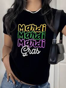 Colores alegres que celebran la energía y la diversión del Mardi Gras con letras festivas que evocan música y baile camiseta de mujer cómoda 220g casual moderna para verano - Negro - Ver 1