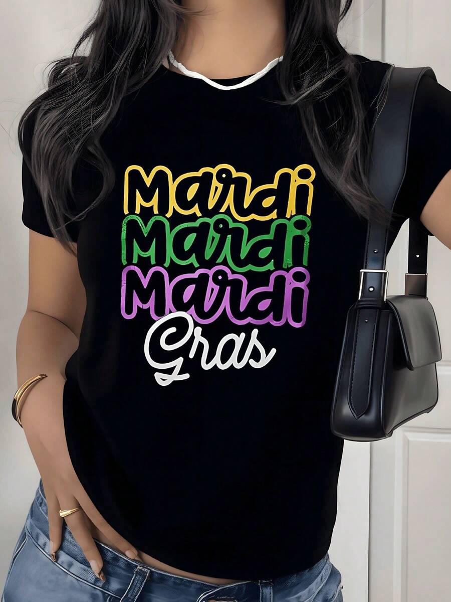 Colores alegres que celebran la energía y la diversión del Mardi Gras con letras festivas que evocan música y baile camiseta de mujer cómoda 220g casual moderna para verano - Negro - Ver 1