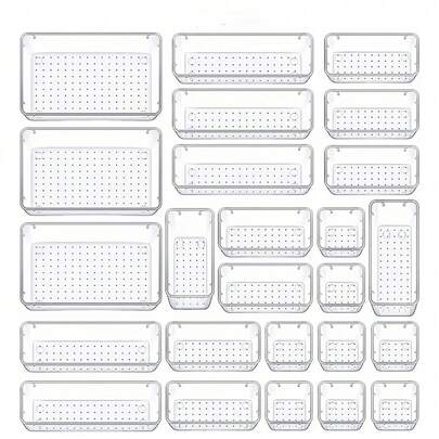 Set de 15 cutii de depozitare din plastic transparent, tip sertar - 4 dimensiuni pentru baie și toaletă, organizator stivuibil, robust și durabil, autoportant/de blat, cu sertare și separatoare, potrivit pentru machiaj acasă/birou, dormitor, baie, bijuterii, ustensile