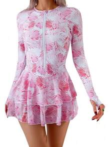 ¡RecomendadoWEIMEY Traje de Baño Una Pieza para Mujer Bañador de Manga Larga Falda Gasa Cremallera de Pecho¡Top de Temporada - Hojas de rosa - Ver 10