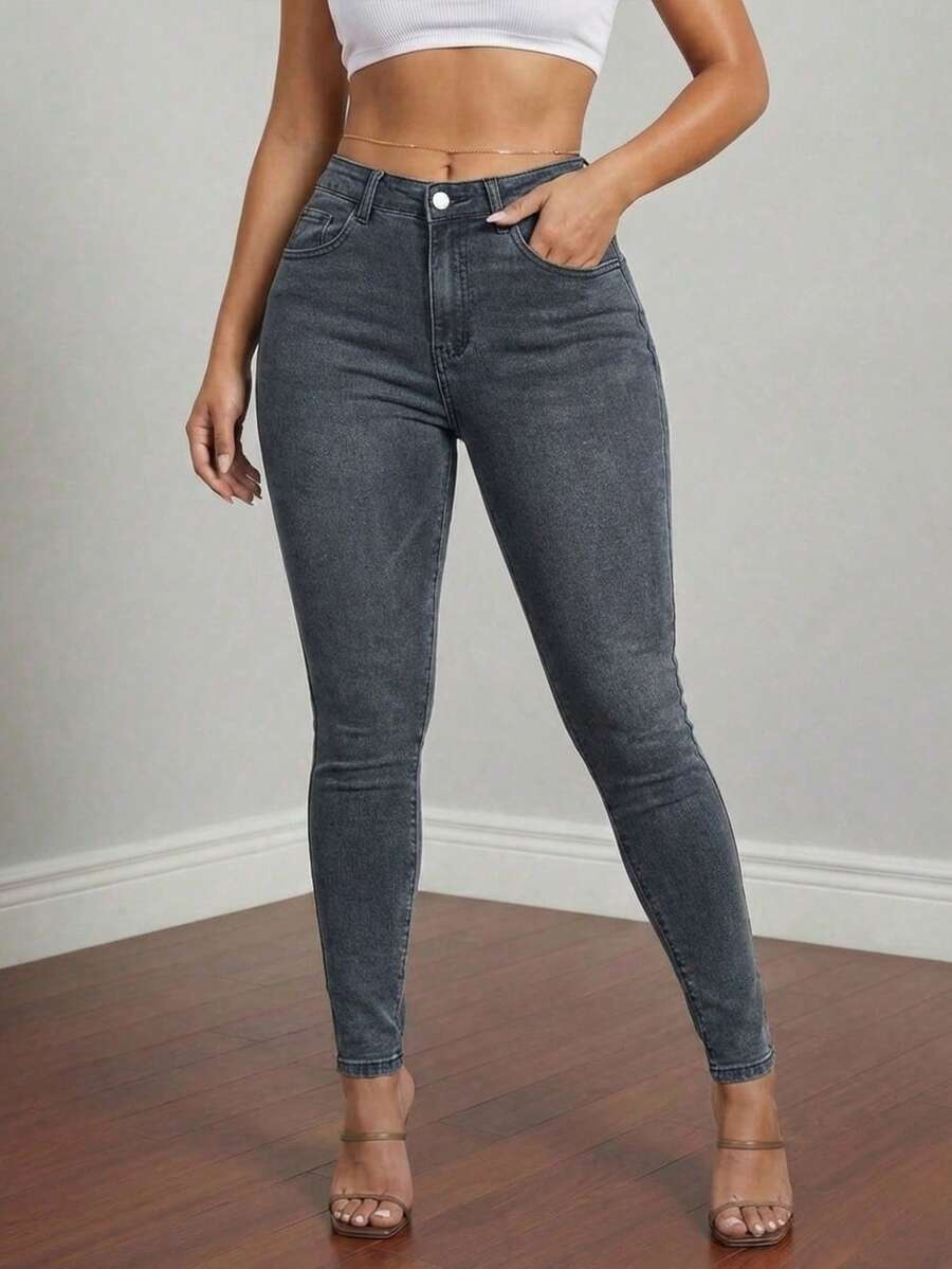Women High Waist Black Skinny Jeans Stretchy Slim Fit Ankle Length Denim Pants - Grey - View 1