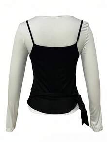 女士休闲二合一长袖 T 恤，修身系带初秋汗衫 - 黑與白 - 查看 2